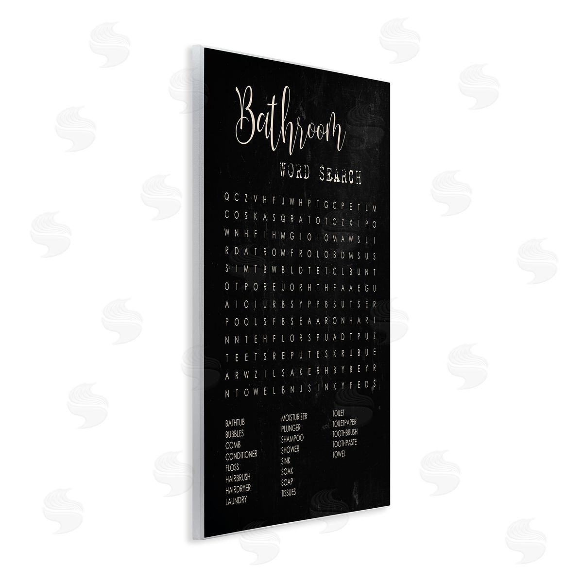 Stupell Studio Bathroom Word Search Activity over Distressed Black Wall Plaque Art
