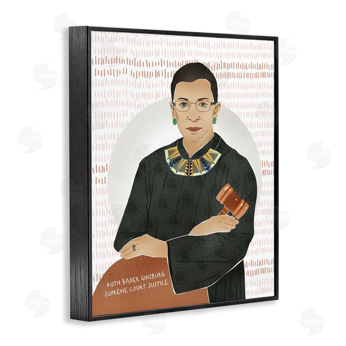 Ziwei Li Judge Ginsburg With Gavel Over Abstract Pattern Black Framed Giclee Wall Art