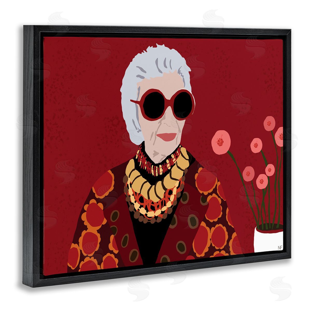 Nancy Ferrara Apfel Fashion Icon Glamourous Red Portrait Black Floater Frame Canvas Art