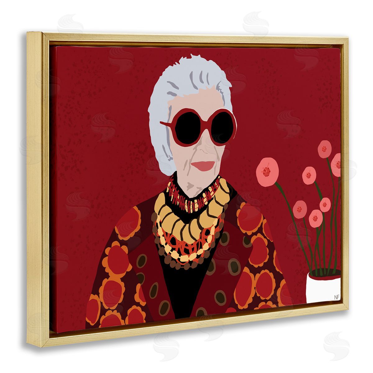Nancy Ferrara Apfel Fashion Icon Glamourous Red Portrait Gold Floater Frame Canvas Art