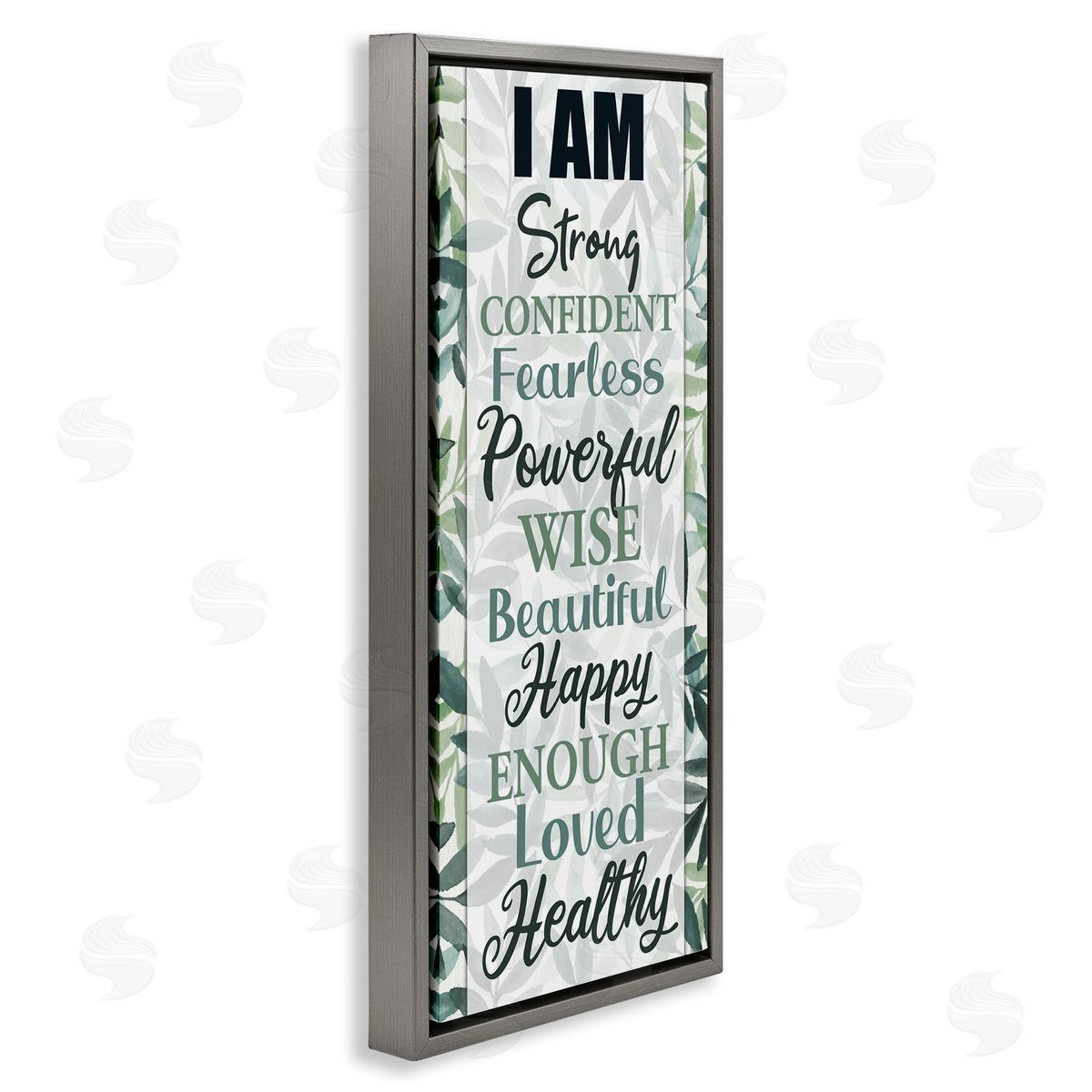 Kim Allen I Am Inspirational Phrases over Tropical Green Palms Gray Floater Frame Canvas Art