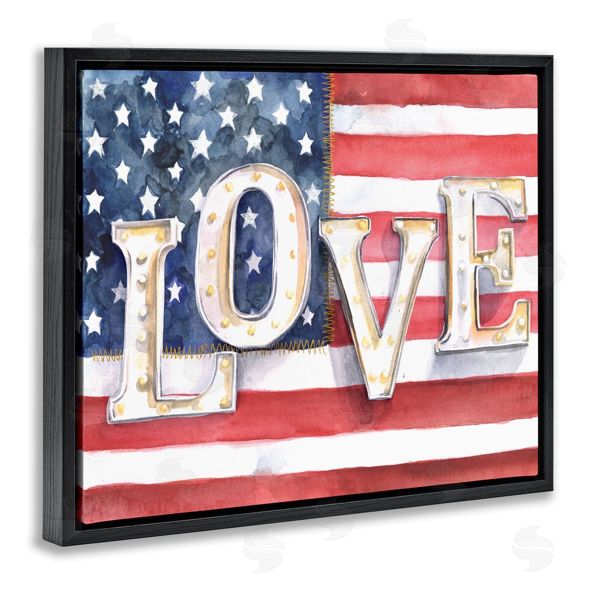Jennifer Paxton Parker Vintage Love Text Over Stitched American Flag Black Floater Frame Canvas Art