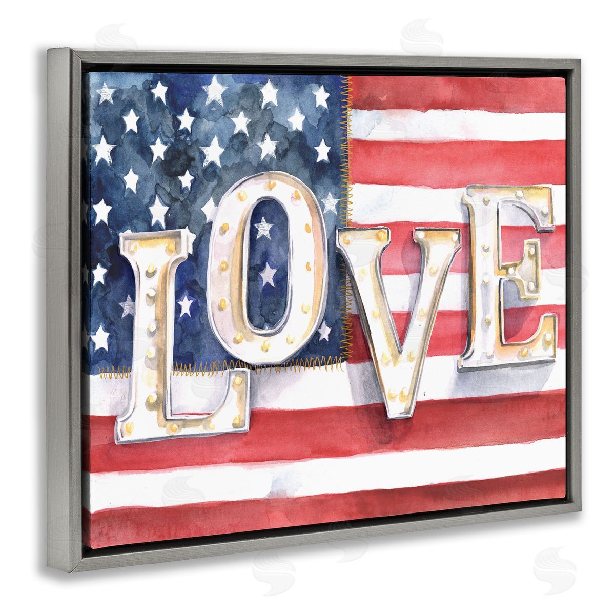 Jennifer Paxton Parker Vintage Love Text Over Stitched American Flag Gray Floater Frame Canvas Art