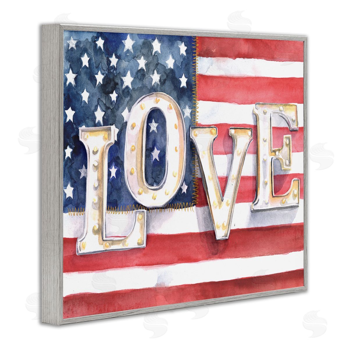 Jennifer Paxton Parker Vintage Love Text Over Stitched American Flag Gray Framed Giclee Wall Art