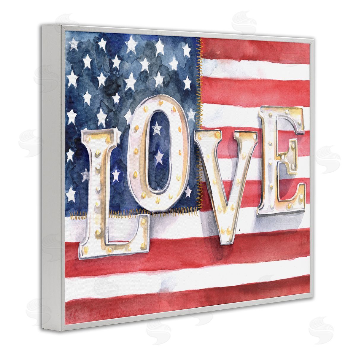 Jennifer Paxton Parker Vintage Love Text Over Stitched American Flag White Framed Giclee Wall Art