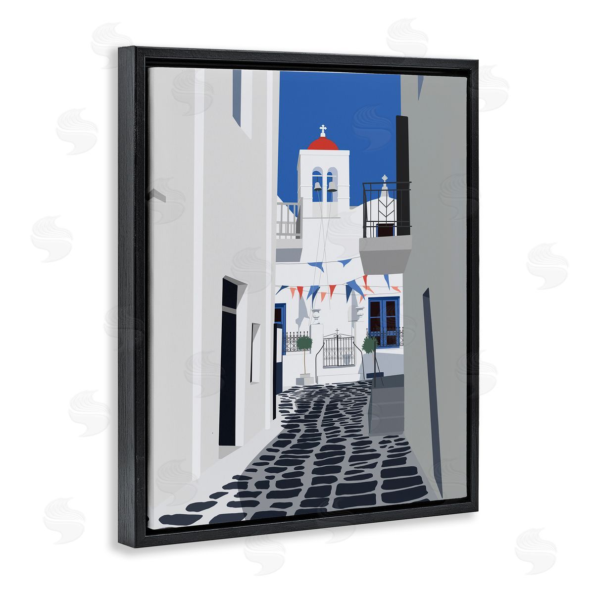 Ziwei Li European Coastal City Street White Blue Architecture Black Floater Frame Canvas Art