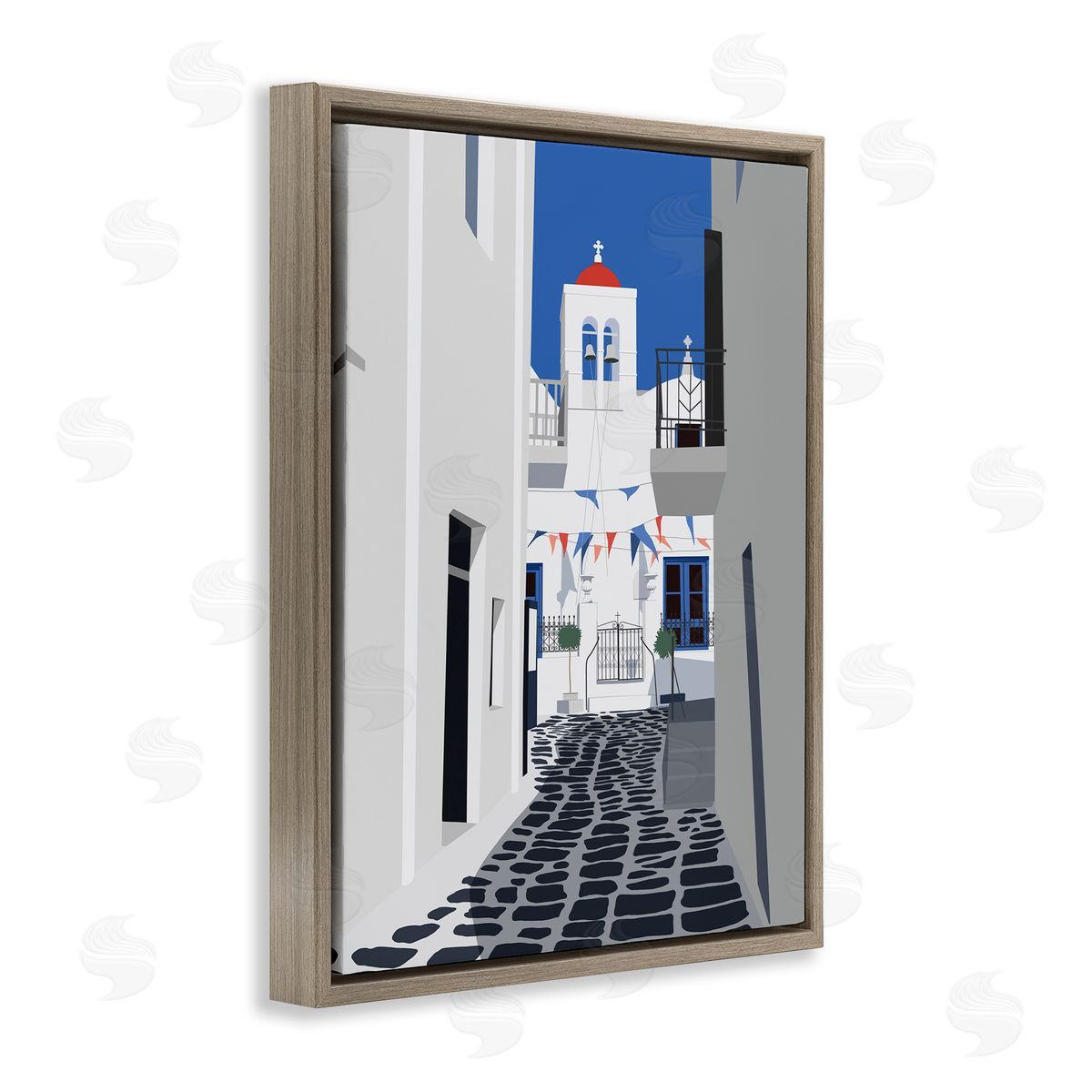 Ziwei Li European Coastal City Street White Blue Architecture Brown Floater Frame Canvas Art