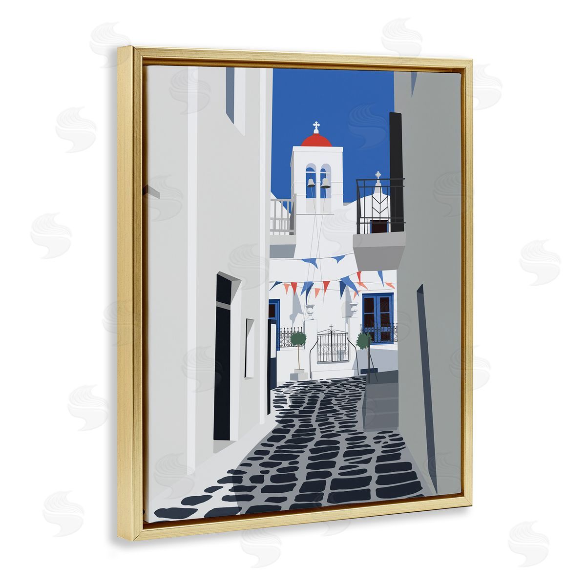 Ziwei Li European Coastal City Street White Blue Architecture Gold Floater Frame Canvas Art