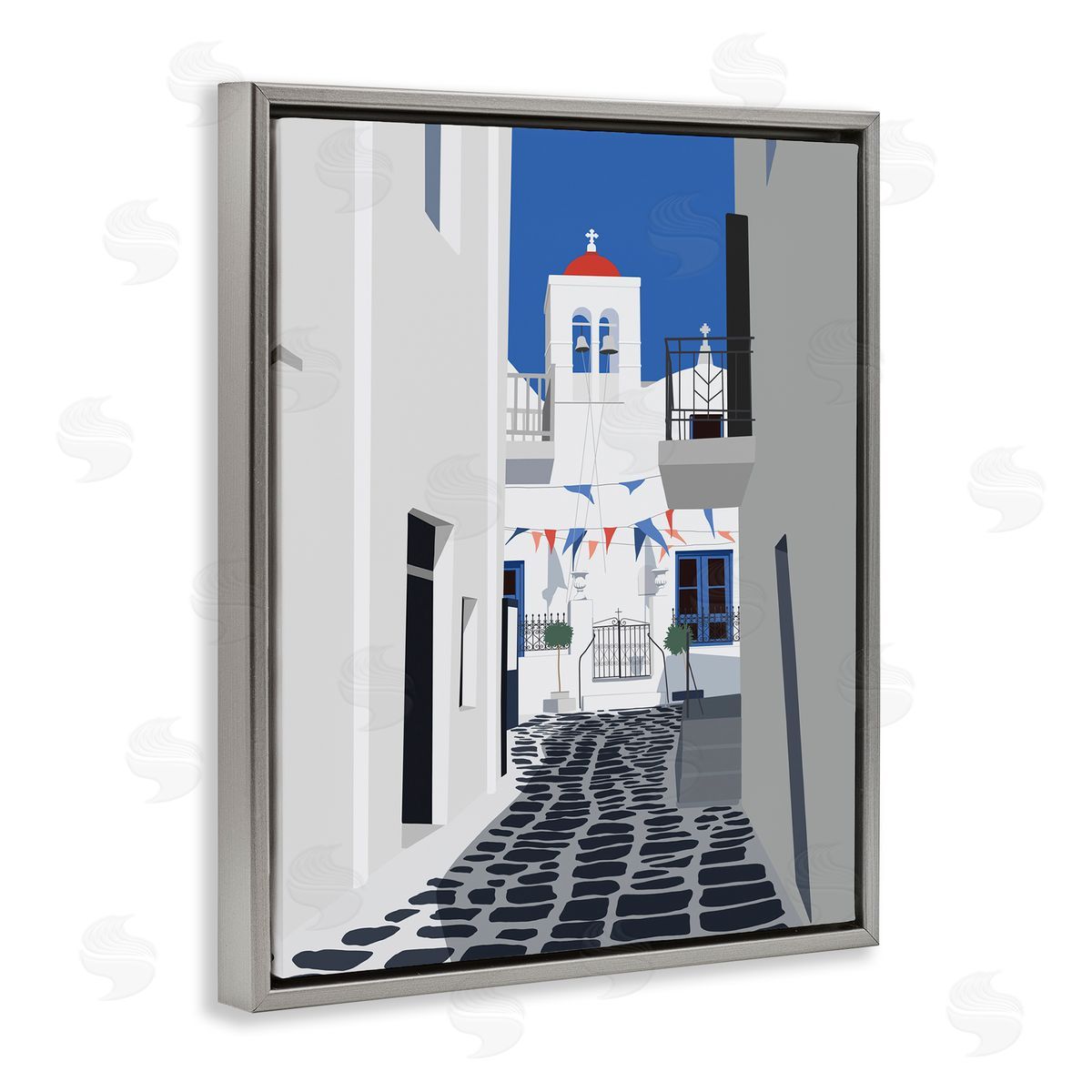 Ziwei Li European Coastal City Street White Blue Architecture Gray Floater Frame Canvas Art