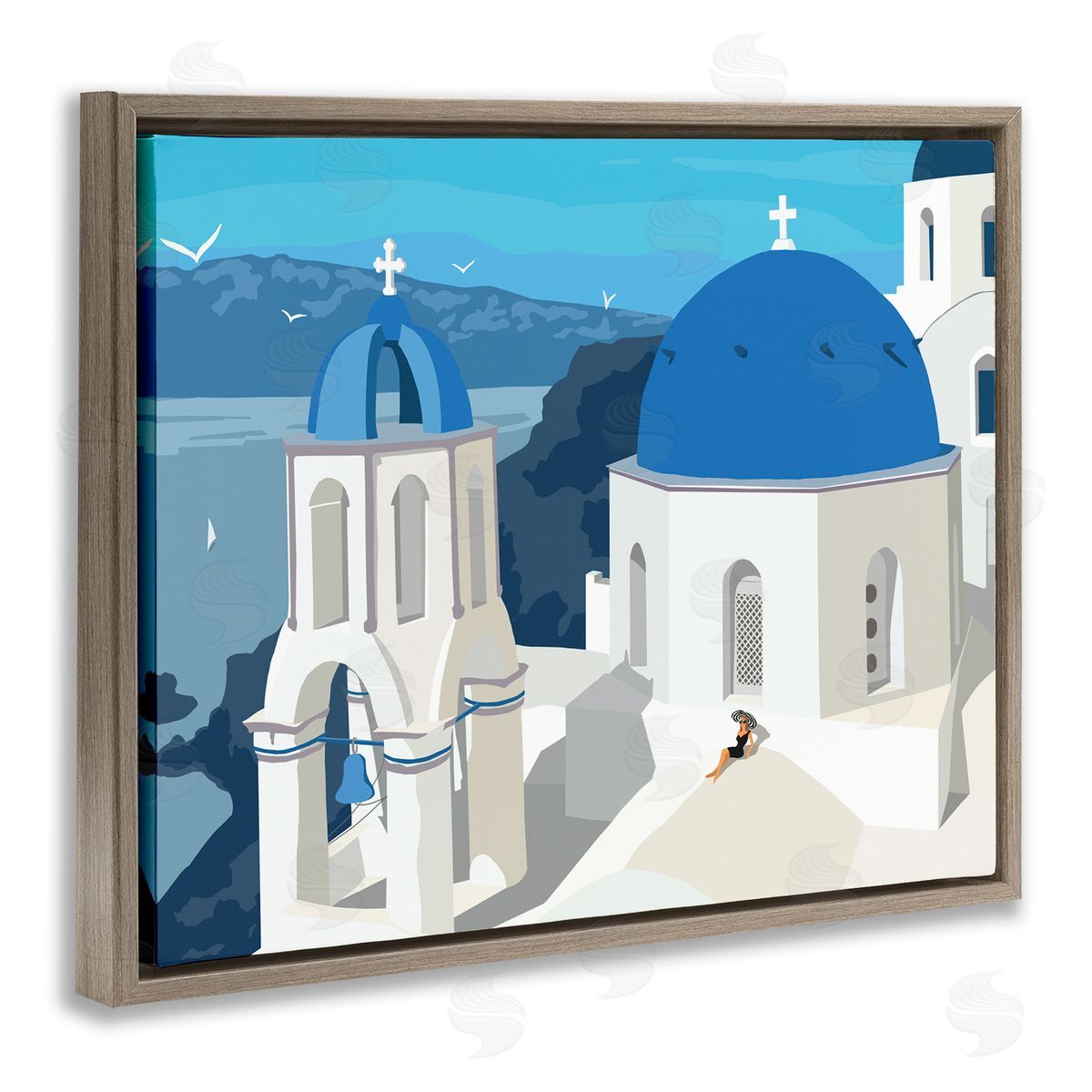 Ziwei Li Cliffside European Church Architecture Woman Resting Brown Floater Frame Canvas Art