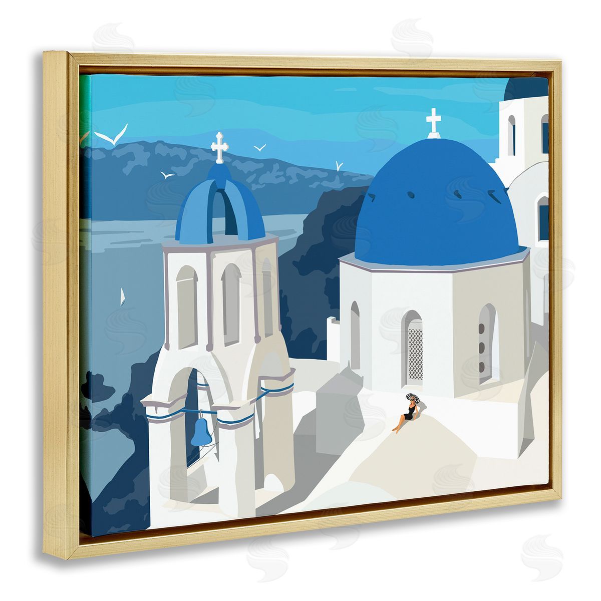 Ziwei Li Cliffside European Church Architecture Woman Resting Gold Floater Frame Canvas Art