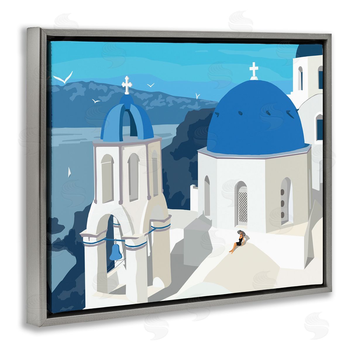 Ziwei Li Cliffside European Church Architecture Woman Resting Gray Floater Frame Canvas Art