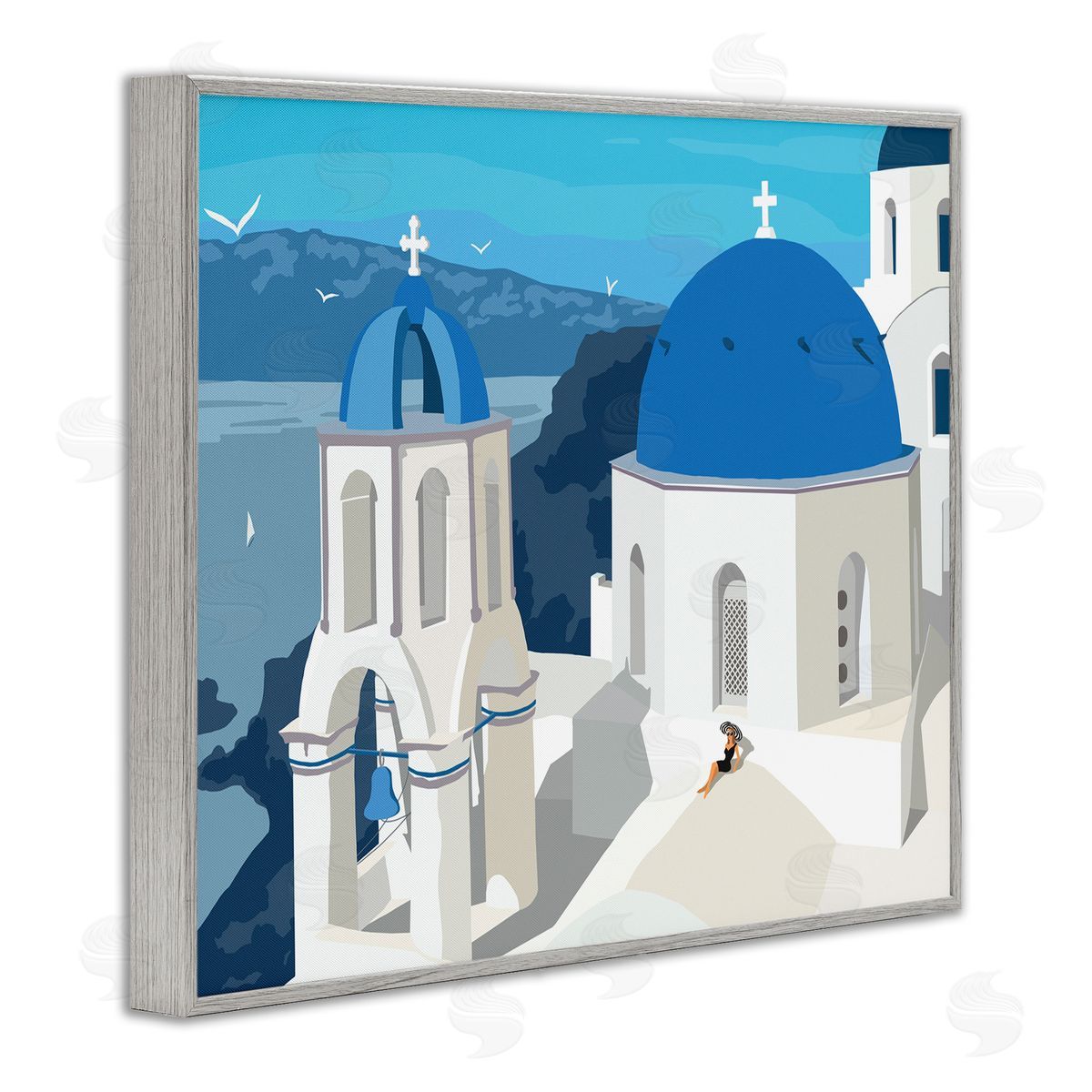 Ziwei Li Cliffside European Church Architecture Woman Resting Gray Framed Giclee Wall Art