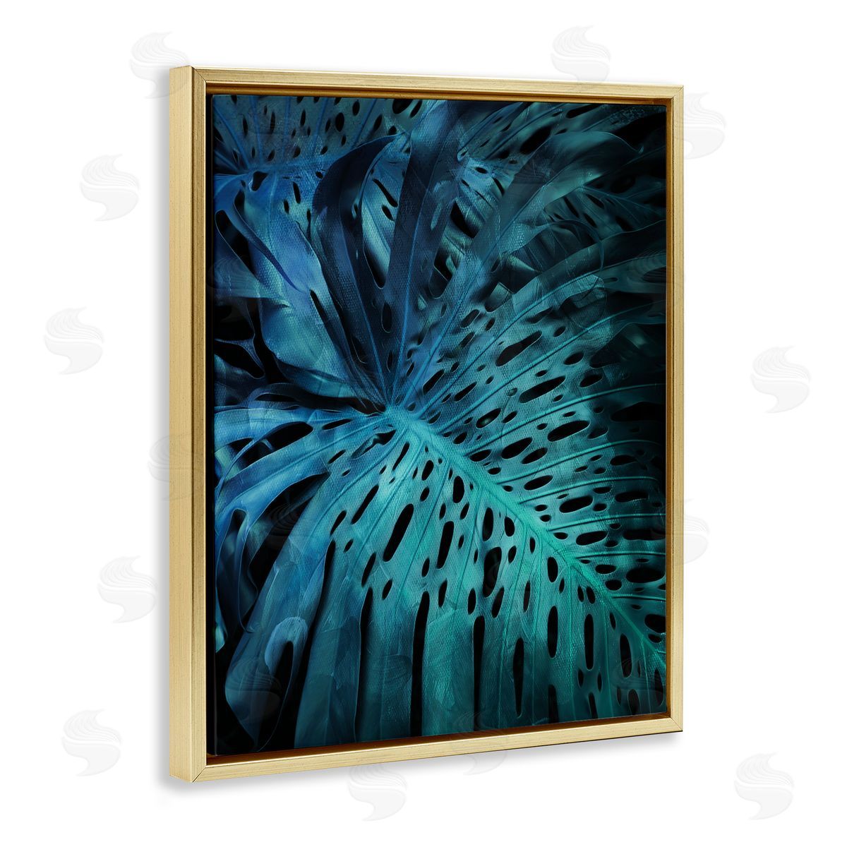Milli Villa Blue Tropical Palm Leaves Dark Forest Plants Gold Floater Frame Canvas Art