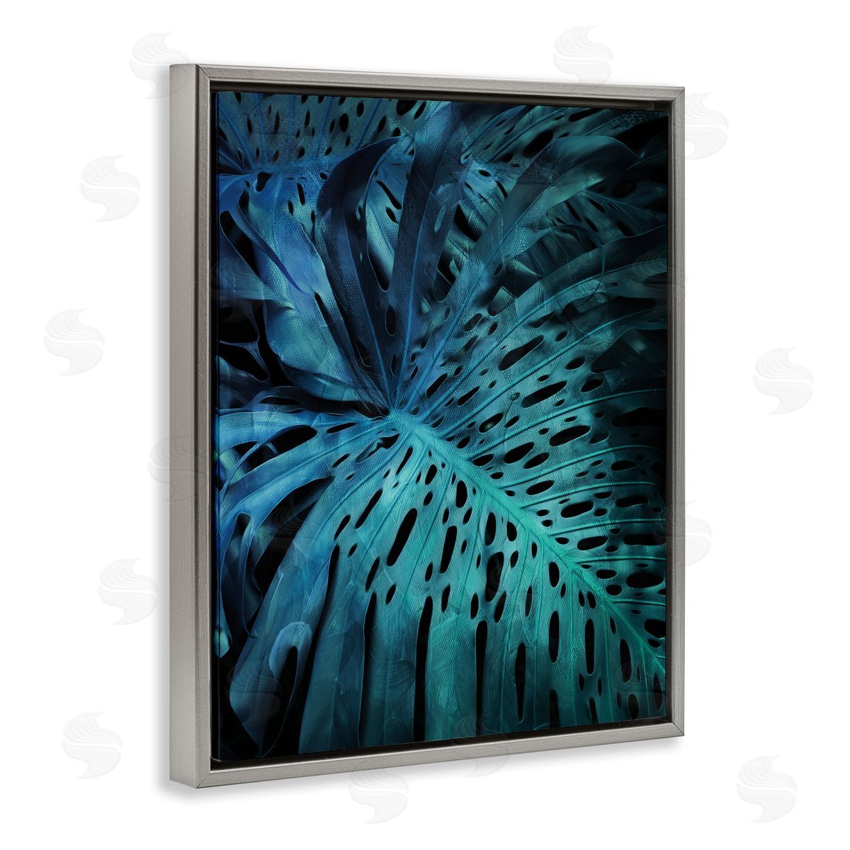 Milli Villa Blue Tropical Palm Leaves Dark Forest Plants Gray Floater Frame Canvas Art
