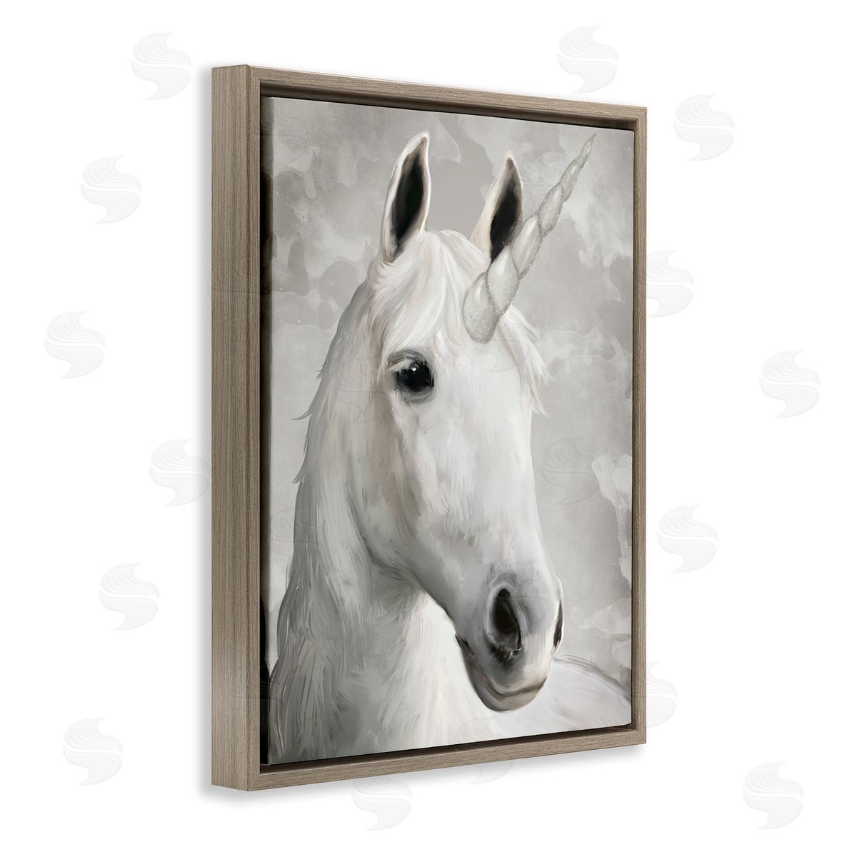 Ziwei Li Majestic White Unicorn Wild Mythical Animal Brown Floater Frame Canvas Art