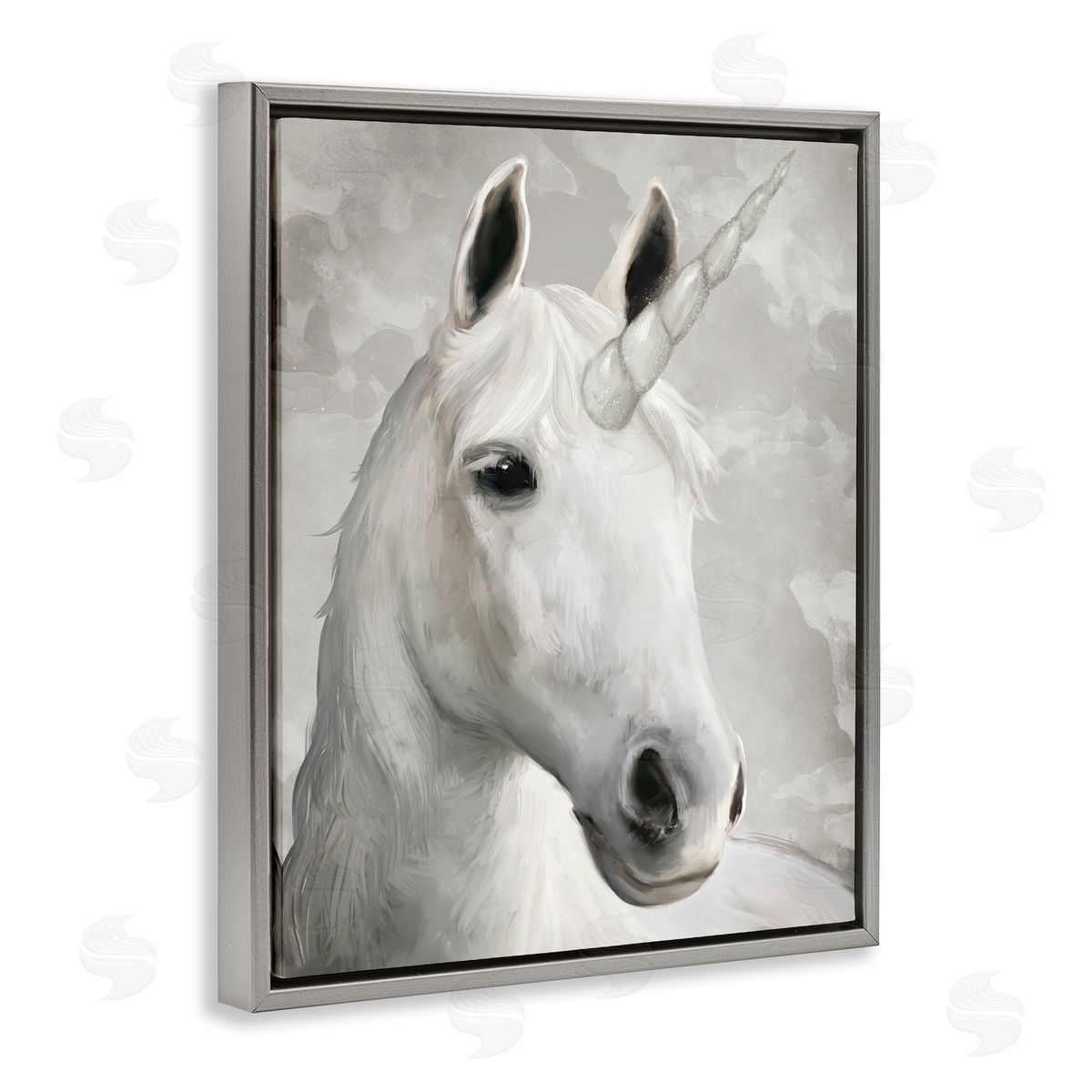 Ziwei Li Majestic White Unicorn Wild Mythical Animal Gray Floater Frame Canvas Art