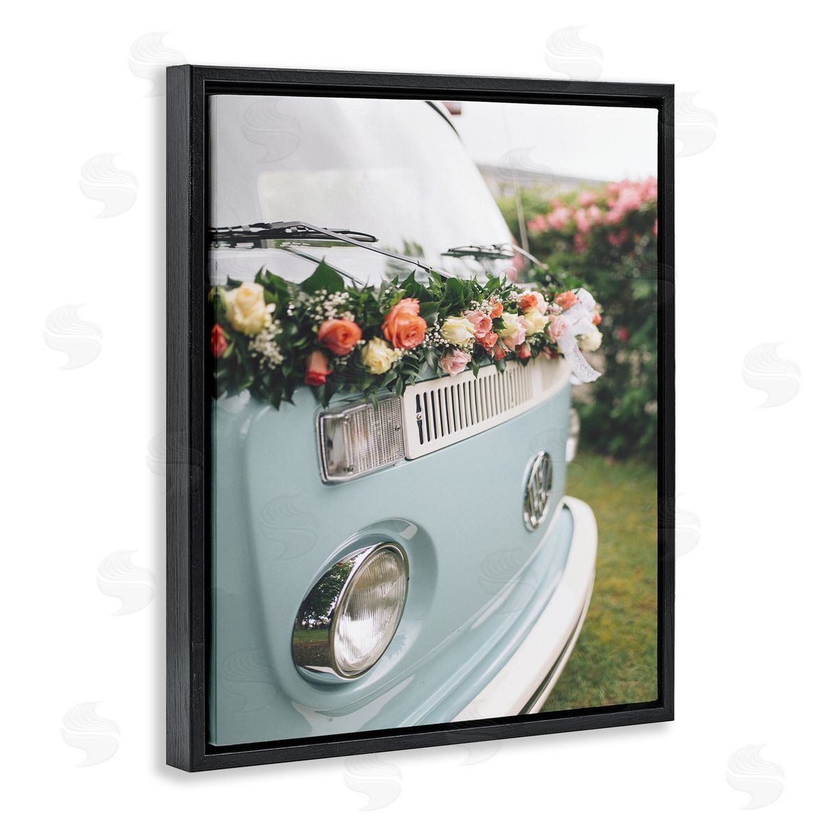 Stupell Studio Classic Retro Blue Van Spring Rose Florals Black Floater Frame Canvas Art