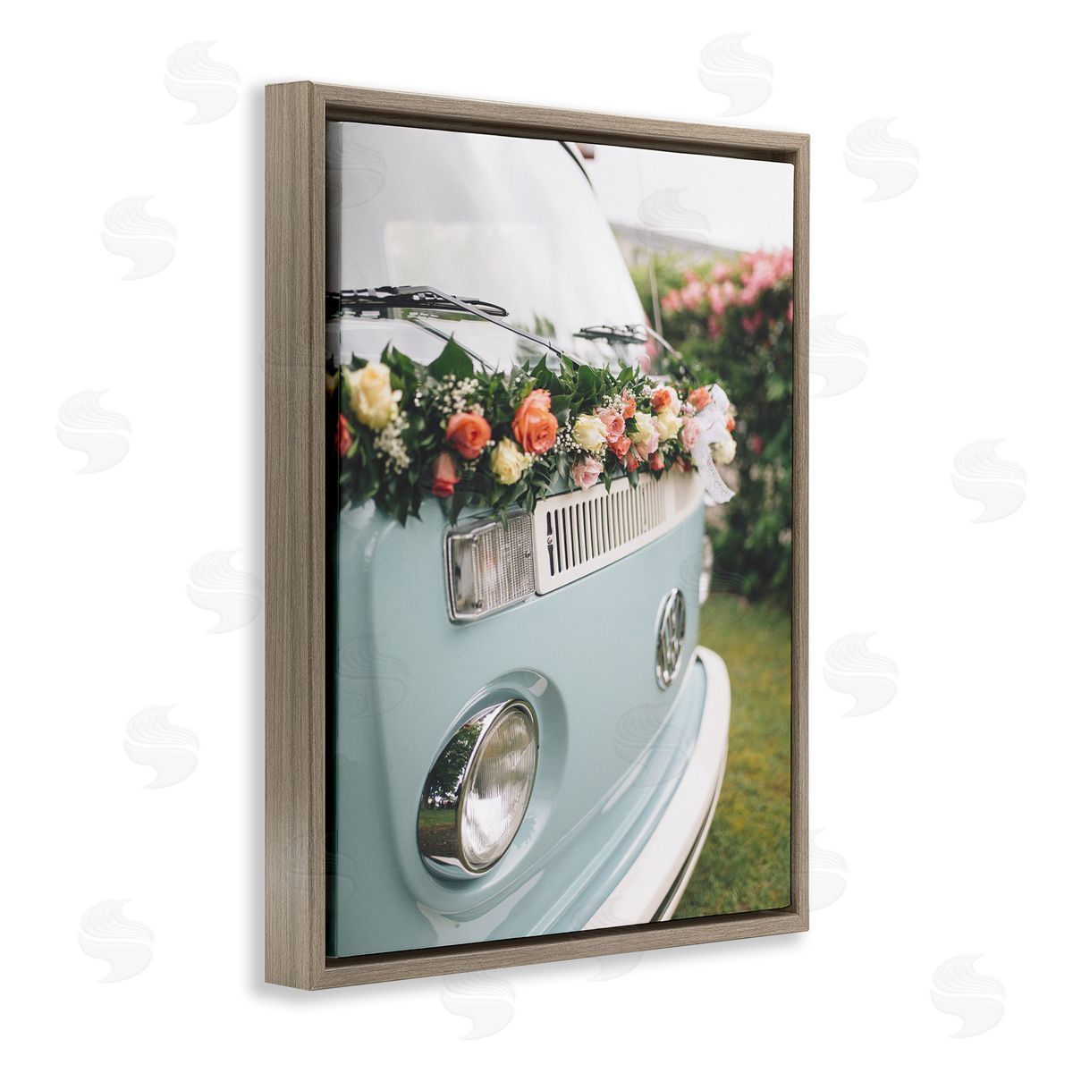 Stupell Studio Classic Retro Blue Van Spring Rose Florals Brown Floater Frame Canvas Art