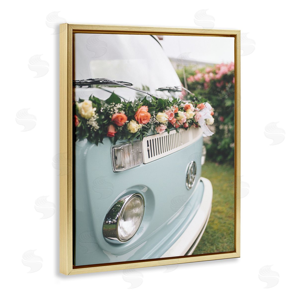 Stupell Studio Classic Retro Blue Van Spring Rose Florals Gold Floater Frame Canvas Art