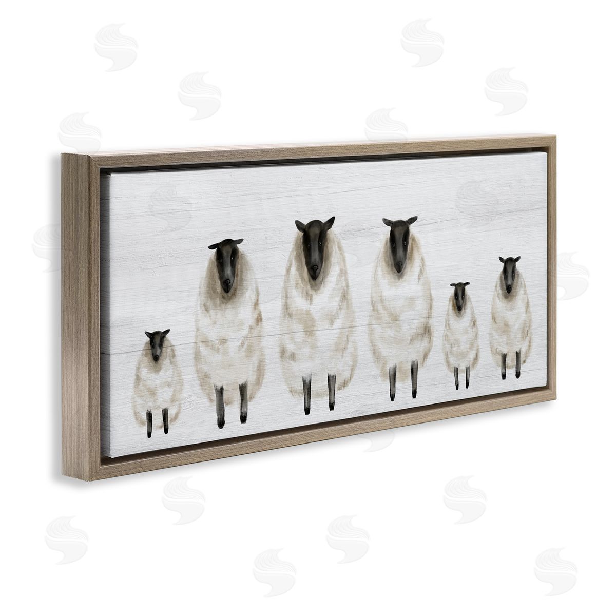 Stupell Studio Fluffy Farm Sheep Minimal White Plank Pattern Brown Floater Frame Canvas Art