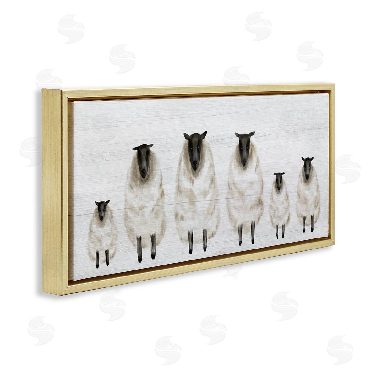 Stupell Studio Fluffy Farm Sheep Minimal White Plank Pattern Gold Floater Frame Canvas Art