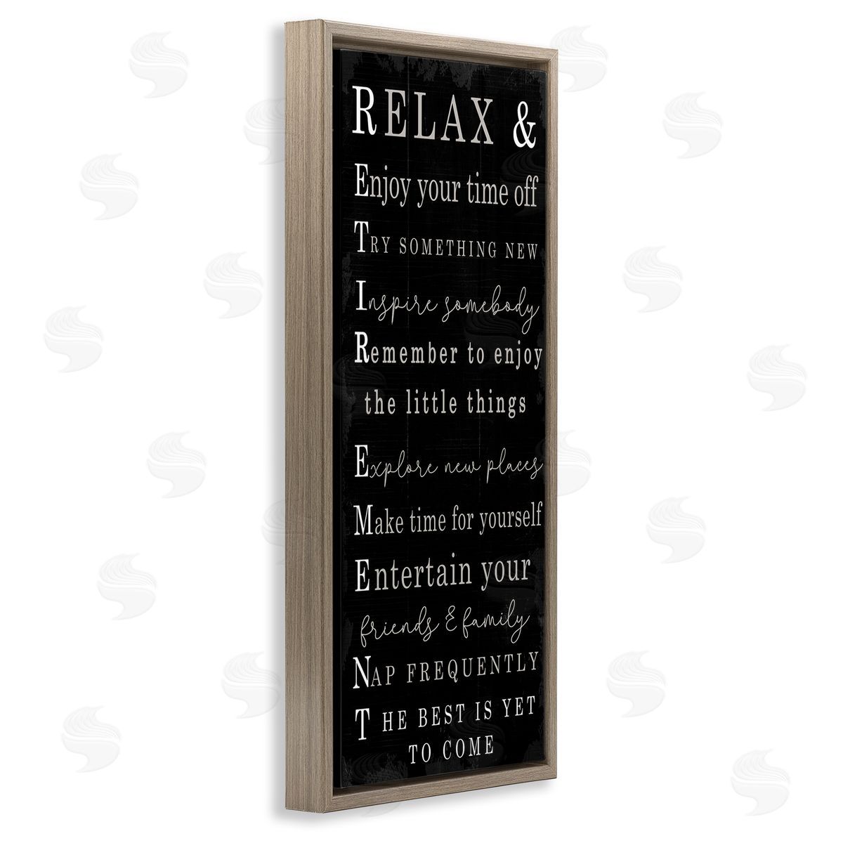 Stupell Studio Relaxed Retirement Phrases Black Distressed Pattern Brown Floater Frame Canvas Art