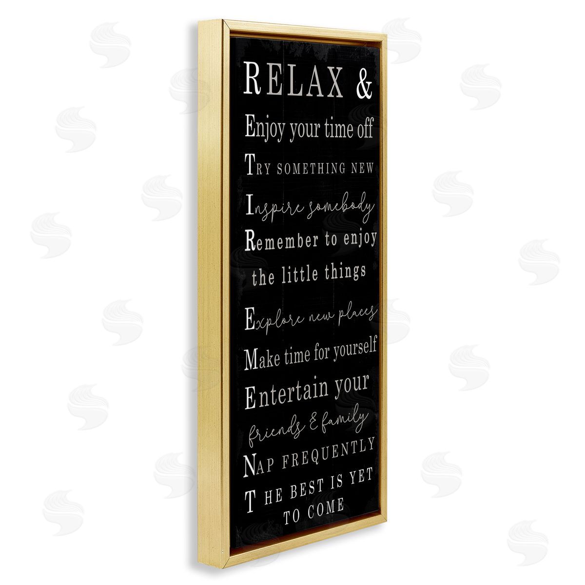Stupell Studio Relaxed Retirement Phrases Black Distressed Pattern Gold Floater Frame Canvas Art