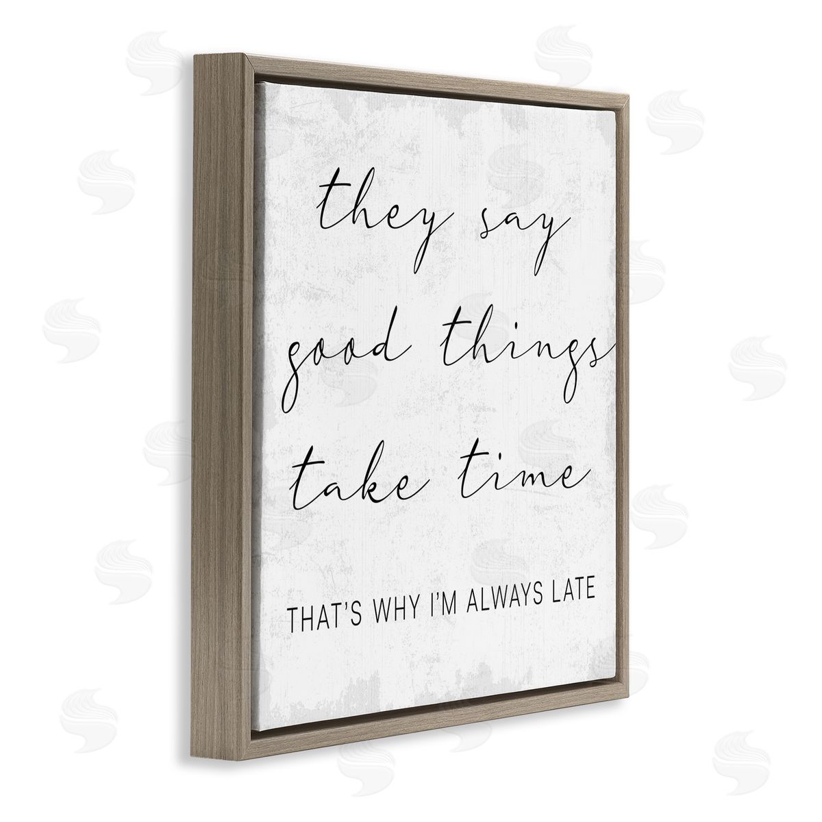 Stupell Studio Good Things Always Late Phrase Beauty Inspirational Brown Floater Frame Canvas Art