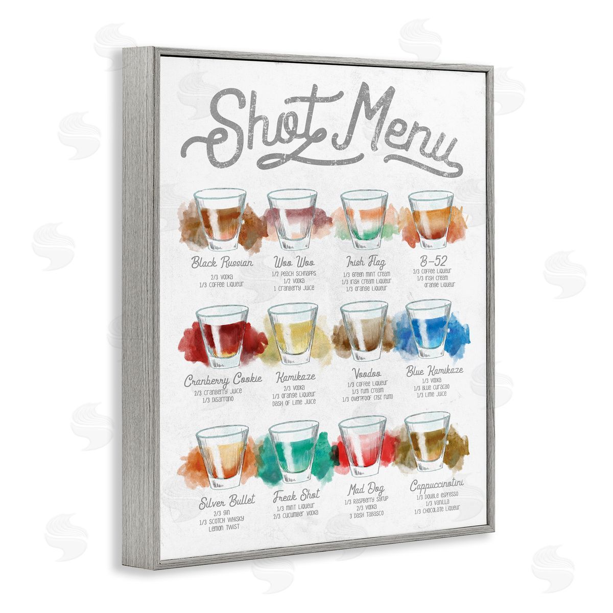 Stupell Studio Cocktail Shot Menu Kitchen Drink Recipes Gray Framed Giclee Wall Art