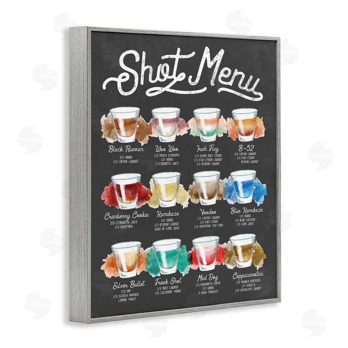 Stupell Studio Shot Menu Drink Recipes Fun Watercolor Styling Gray Framed Giclee Wall Art
