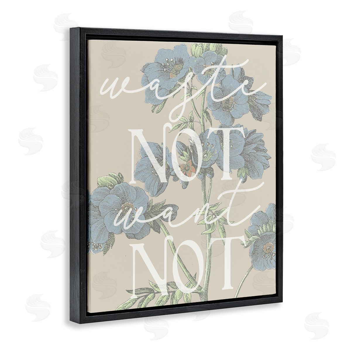 Stupell Studio Waste Not Want Not Quote Blue Botanicals Black Floater Frame Canvas Art