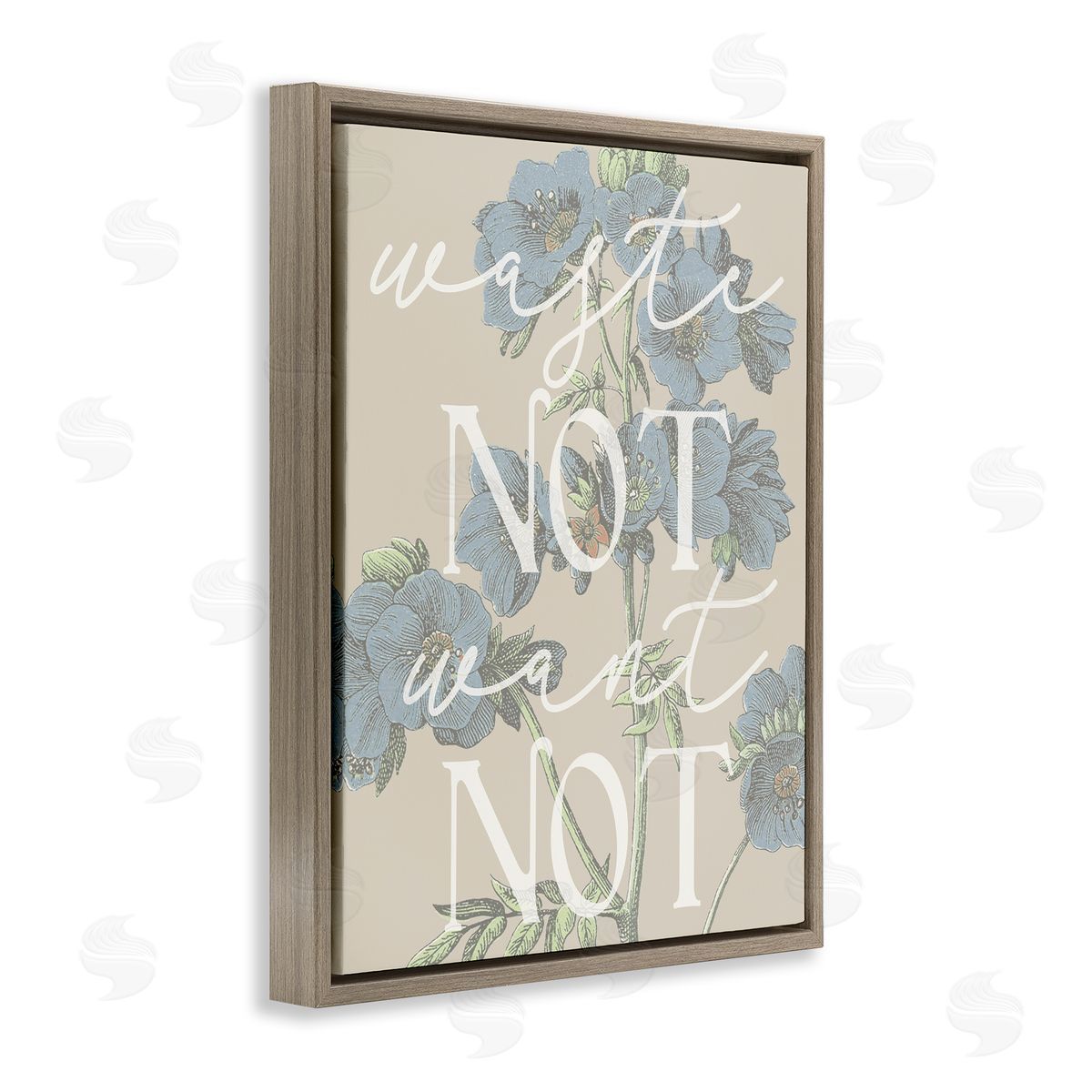 Stupell Studio Waste Not Want Not Quote Blue Botanicals Brown Floater Frame Canvas Art