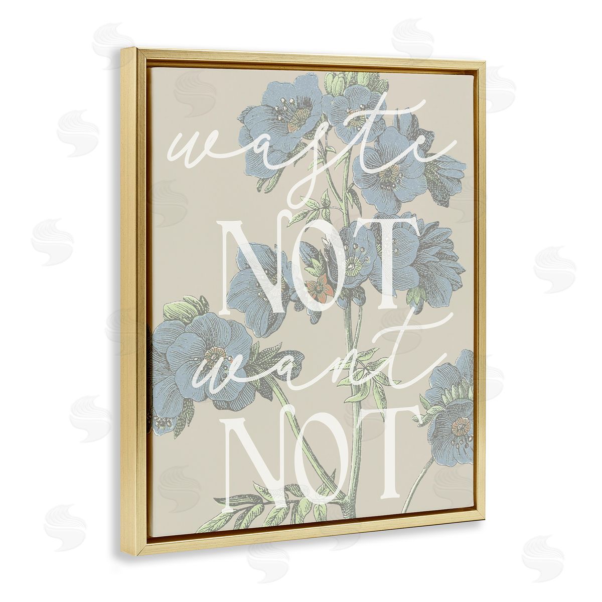 Stupell Studio Waste Not Want Not Quote Blue Botanicals Gold Floater Frame Canvas Art