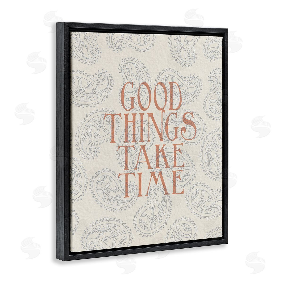 Stupell Studio Good Things Take Time Phrase Soft Paisley Pattern Black Floater Frame Canvas Art
