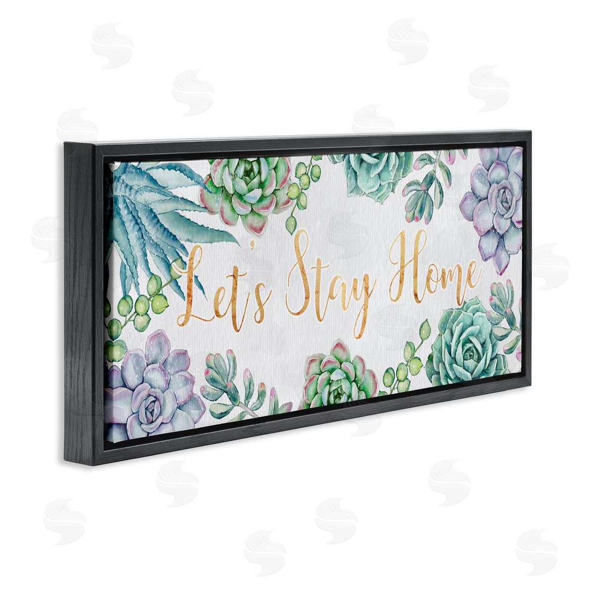 Ziwei Li Let's Stay Home Phrase Green Purple Succulents Black Floater Frame Canvas Art