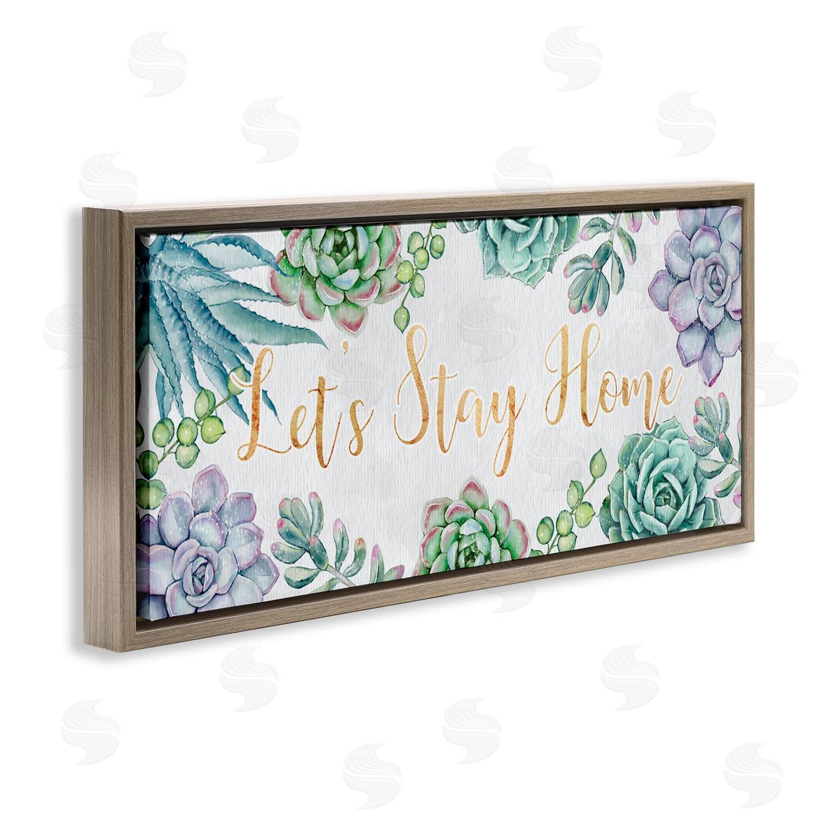 Ziwei Li Let's Stay Home Phrase Green Purple Succulents Brown Floater Frame Canvas Art