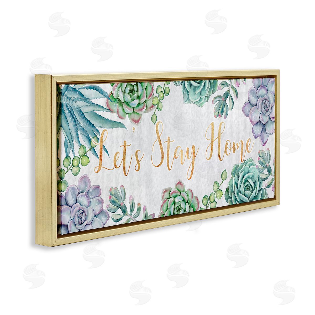 Ziwei Li Let's Stay Home Phrase Green Purple Succulents Gold Floater Frame Canvas Art