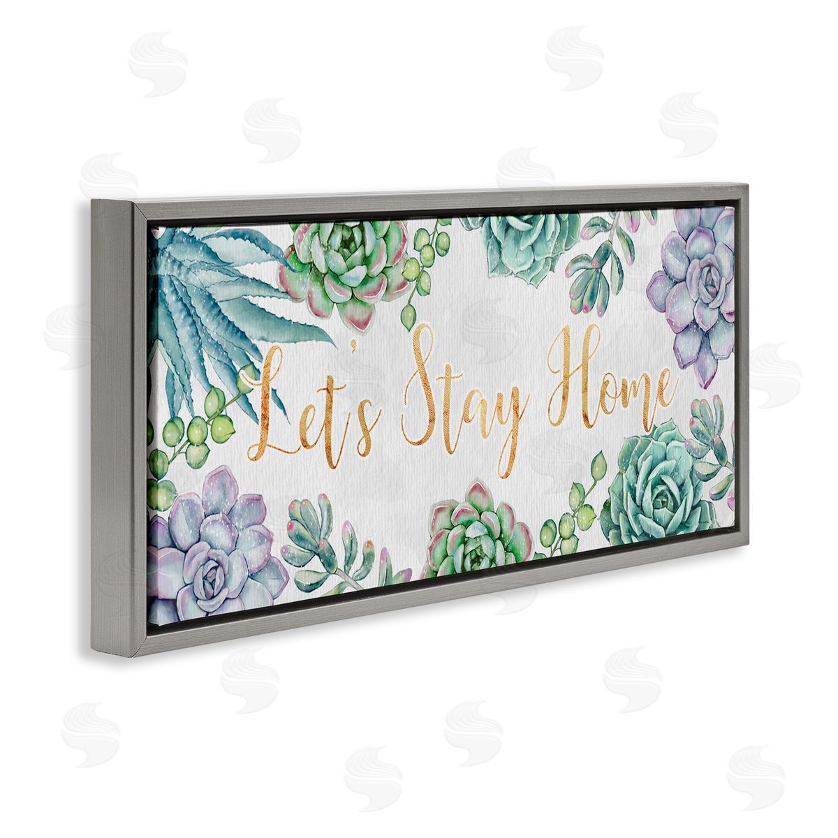 Ziwei Li Let's Stay Home Phrase Green Purple Succulents Gray Floater Frame Canvas Art