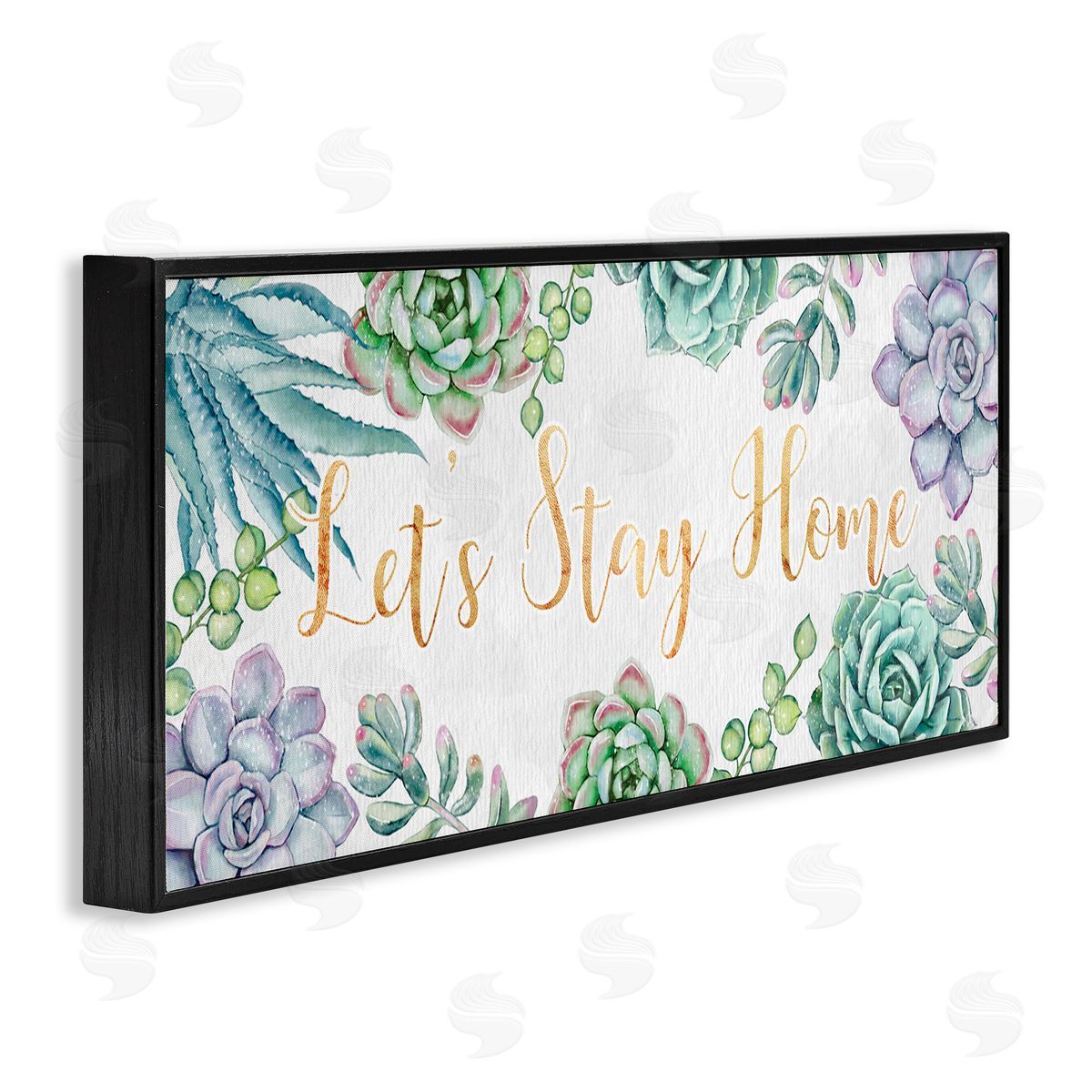 Ziwei Li Let's Stay Home Phrase Green Purple Succulents Black Framed Giclee Wall Art