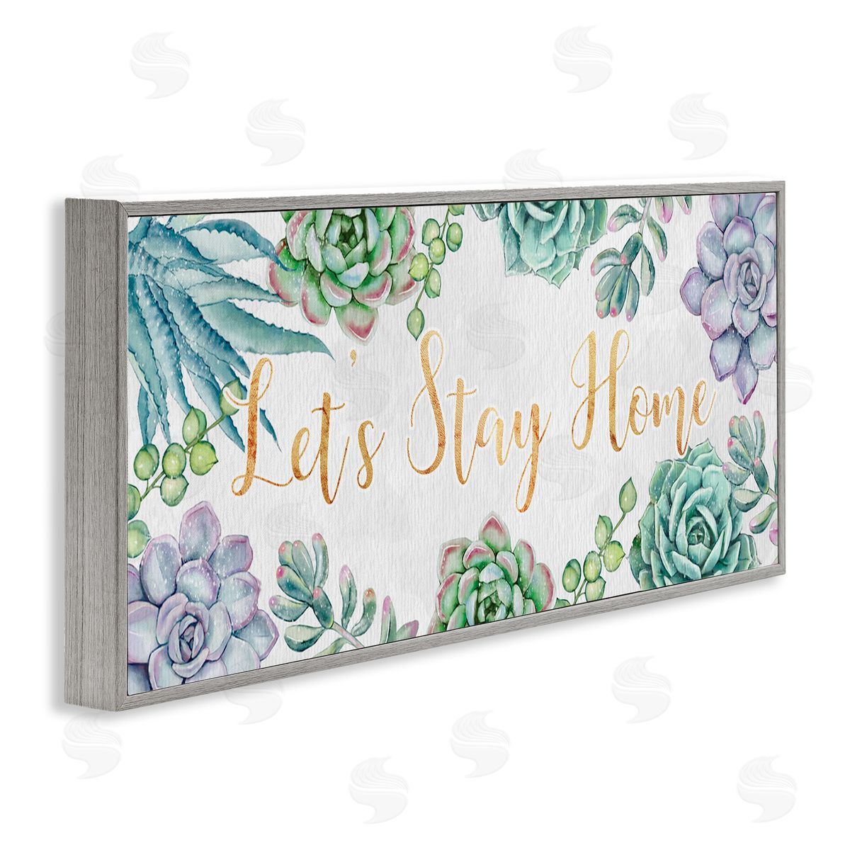 Ziwei Li Let's Stay Home Phrase Green Purple Succulents Gray Framed Giclee Wall Art