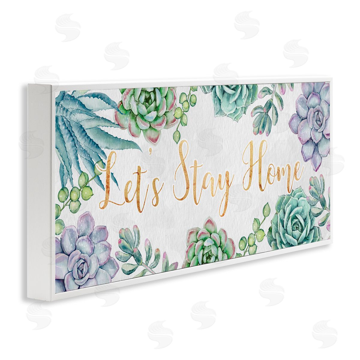 Ziwei Li Let's Stay Home Phrase Green Purple Succulents White Framed Giclee Wall Art