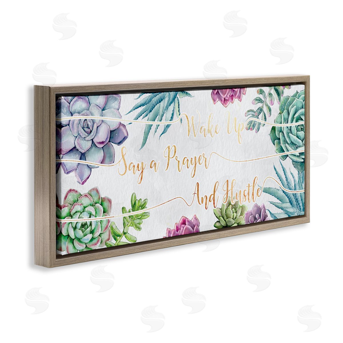 Ziwei Li Wake Up, Pray, Hustle Blooming Succulent Florals Brown Floater Frame Canvas Art