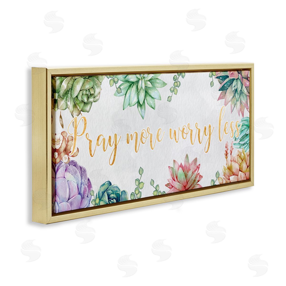 Ziwei Li Pray More Worry Less Phrase Spring Succulent Plants Gold Floater Frame Canvas Art