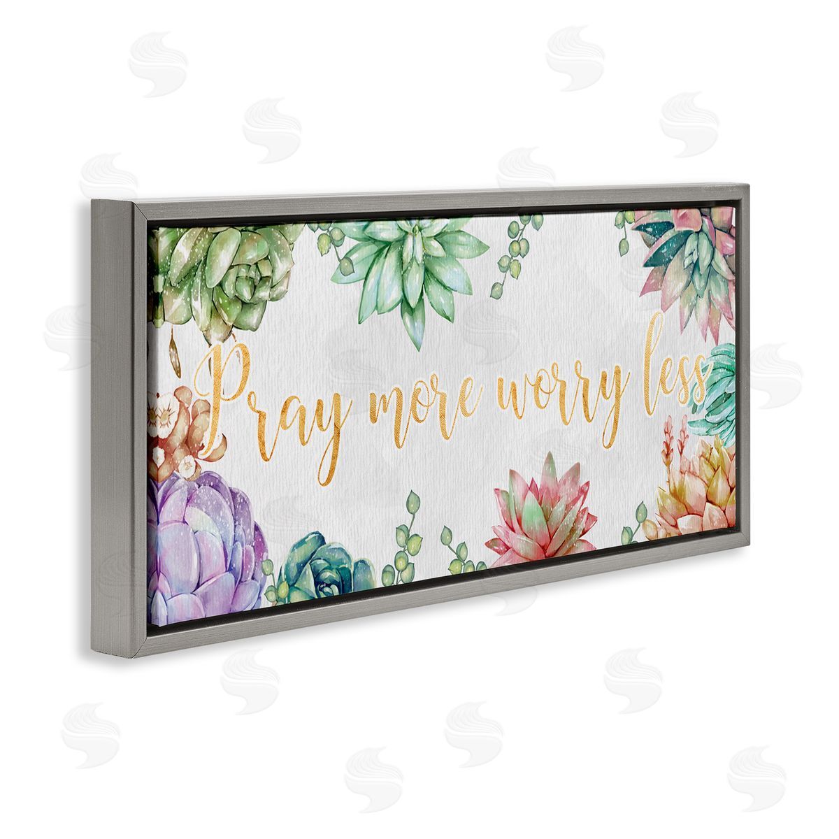 Ziwei Li Pray More Worry Less Phrase Spring Succulent Plants Gray Floater Frame Canvas Art