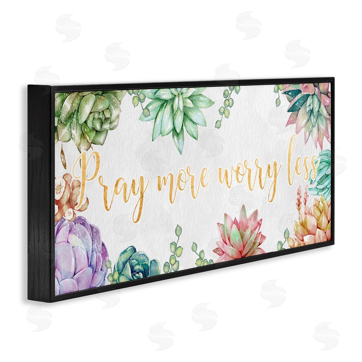 Ziwei Li Pray More Worry Less Phrase Spring Succulent Plants Black Framed Giclee Wall Art