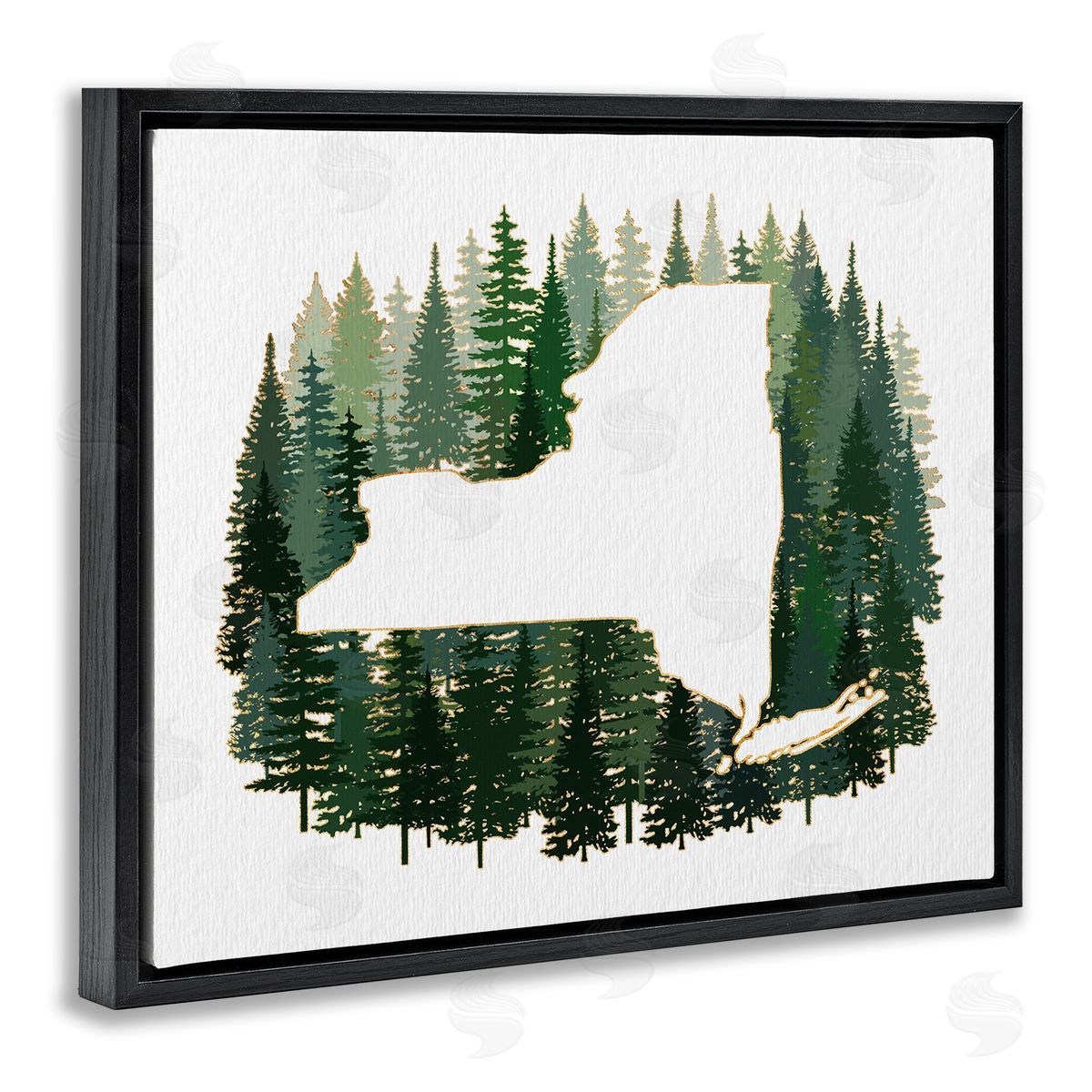 Ziwei Li New York State Outline Green Forest Pine Trees Black Floater Frame Canvas Art