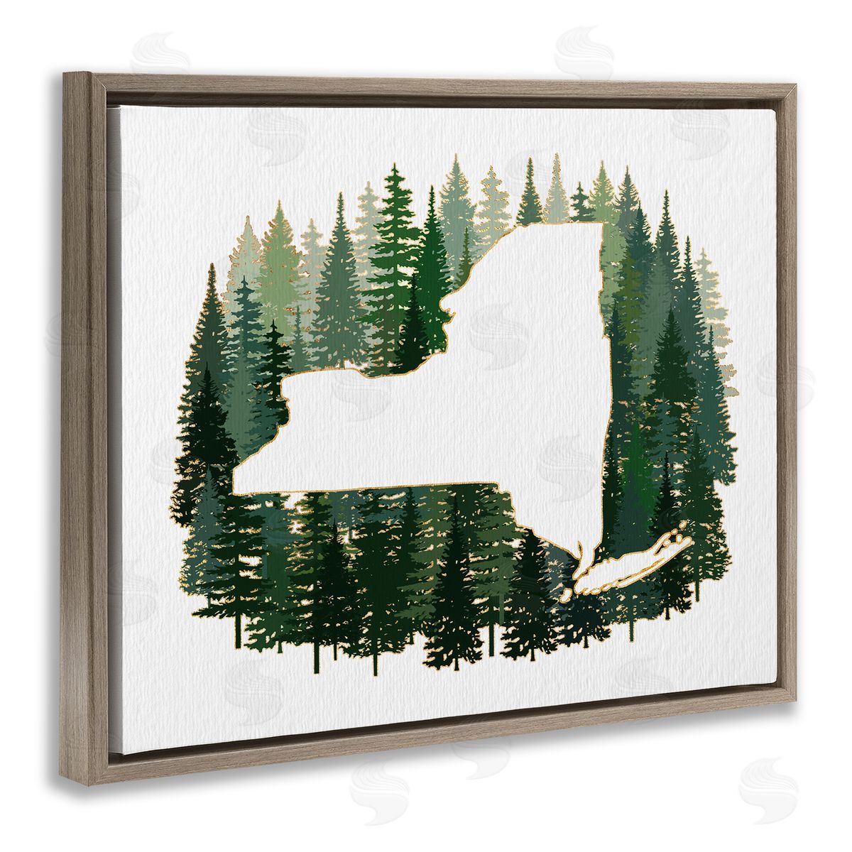 Ziwei Li New York State Outline Green Forest Pine Trees Brown Floater Frame Canvas Art