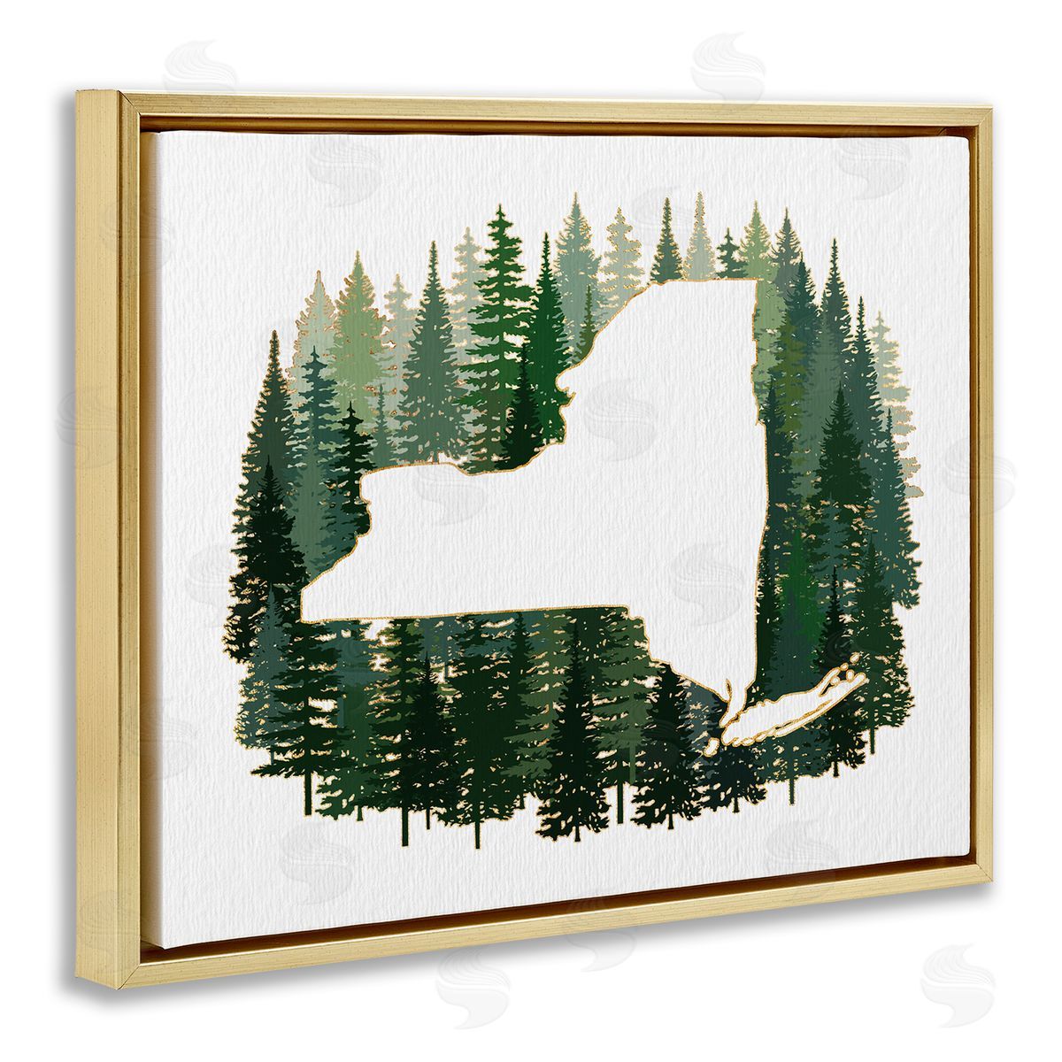 Ziwei Li New York State Outline Green Forest Pine Trees Gold Floater Frame Canvas Art