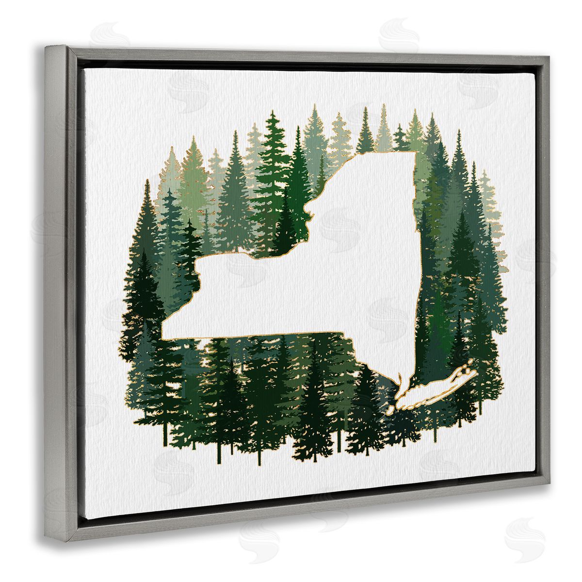 Ziwei Li New York State Outline Green Forest Pine Trees Gray Floater Frame Canvas Art